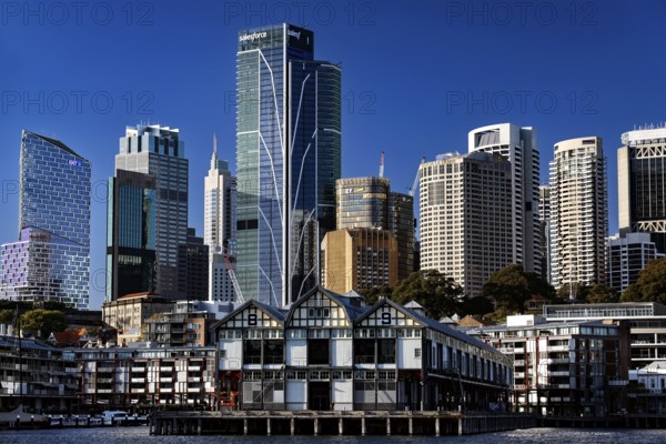 Modern skyscrapers at Walsh Bay in Sydney with water in the foreground, Sydney, NSW, Australia