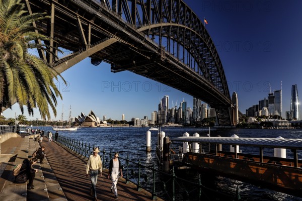People stroll under Harbour Bridge overlooking Opera House, Sydney, New South Wales, Australia