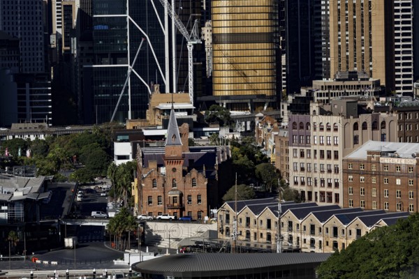 Historic brick architecture surrounded by modern skyscrapers in the city, Sydney, New South Wales, Australia