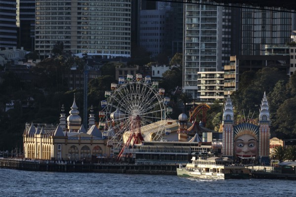 Luna Park amusement park with ferris wheel and distinctive waterside entrances, Sydney, New South Wales, Australia