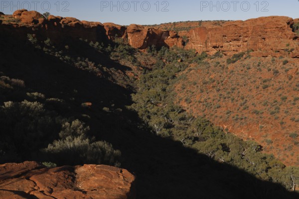 View of Kings Canyon with shady rocks and vegetation, Watarrka National Park, Northern Territory, Australia