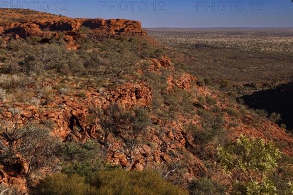 Dramatic red sandstone cliffs in Watarrka National Park with sweeping views across the desert, Kings Canyon, Northern Territory, Australia