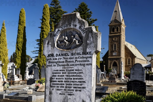 The Langmeil Lutheran cemetery with tombstones in front of a church in Tanunda, Tanunda, South Australia, Australia