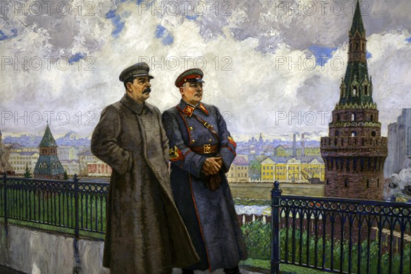 Painting depicting Stalin with another, historical setting against an architectural backdrop, Druskininkai, Grutas, Lithuania