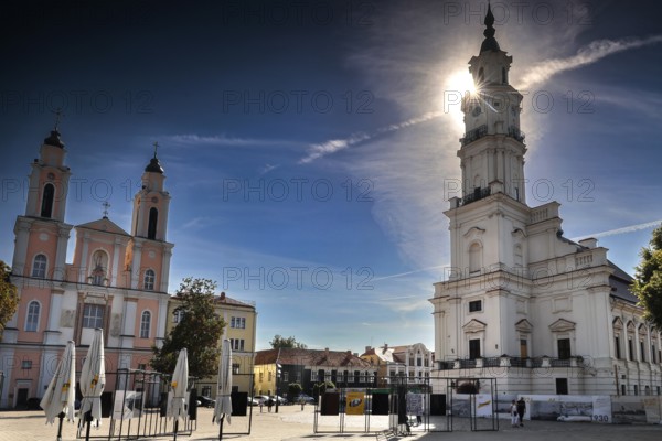 Town Hall and St. Francis Xavier Church in bright sunlight on Town Hall Square, Rathausplatz, Rathausplatz in Kaunas, Kaunas, Kaunas, Lithuania
