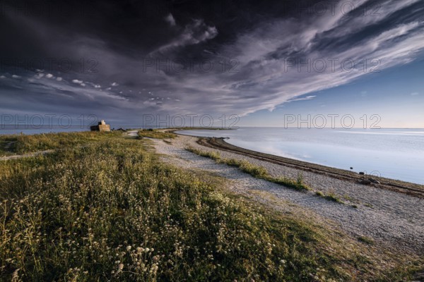 Tranquil stretch of coast with dramatic skies and soft grass, Särve, Saaremaa, Estonia