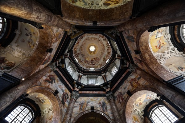 Baroque interior view of Pažaislis monastery in Kaunas with richly decorated frescoes, Kaunas, Lithuania