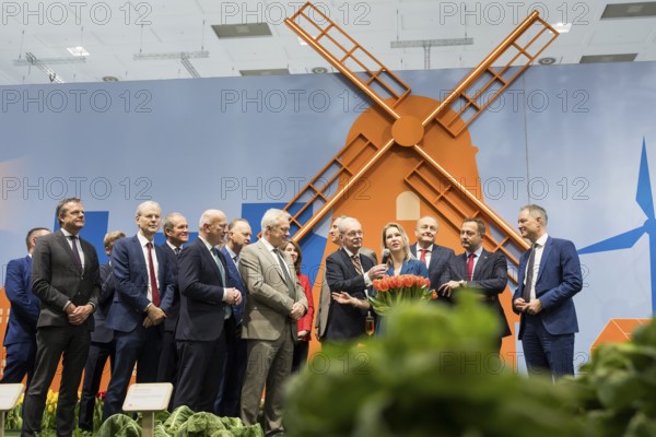 Jean Rummenie (Minister of Agriculture, Food Security, Fisheries and Nature in the Netherlands) and Femke Marije Wiersma (Minister of Agriculture, Fisheries and Nature in the Netherlands) together with Alios Rainer (Federal Minister of Agriculture, Food and Home Affairs), Kai Wegner (Governing Mayor of Berlin), Joachim Rukwied (President of the German Farmers' Association e. V.), Christophe Hansen (Commissioner for Agriculture and Rural Development) and Mario Tobias (Chairman of the Board of Management of Messe Berlin) in the hall of the Netherlands during the opening tour of the Green Week at the exhibition centre in Berlin.V.), Christophe Hansen (Commissioner for Agriculture and Rural Development) and Mario Tobias (CEO of Messe Berlin) in the hall of the Netherlands during the opening tour of the Green Week at the exhibition grounds in Berlin on 16 January 2026. The trade fair for the agricultural and food industry will take place from 16-25 January 2026