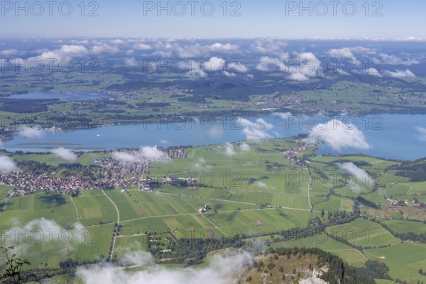 Panorama from Tegelberg, 1881m, on Schwangau, Waltenhofen, Forggensee and Hopfensee, Füssener Land, Ostallgäu, Bavaria, Germany