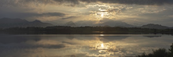 Sunset panorama, Hopfensee, Hopfen am See, near Füssen, Ostallgäu, Allgäu, Bavaria, Germany