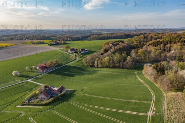 Green fields and forests with small farms under blue spring sky, oblique aerial view, Osnabrücker Land, Wiehen Mountains, Lower Saxony, Germany