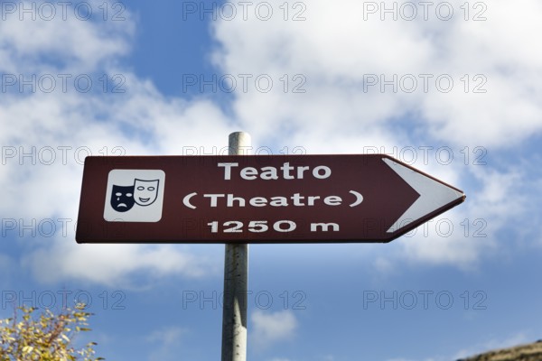 Theatre sign, road sign, ancient city of Segesta, archaeological site, Calatafimi, Trapani province, north-west, Sicily, southern Italy, Italy
