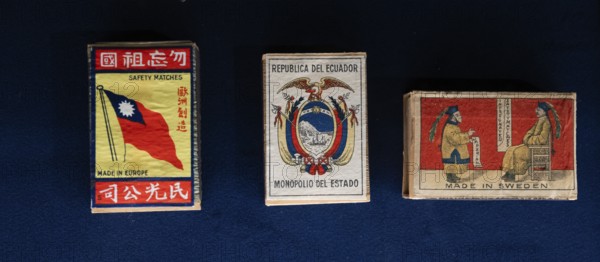 Matchboxes with old label design and different motifs, Tändsticksmuseet matchstick museum or match museum, Jönköping, Jönköpings län, Sweden