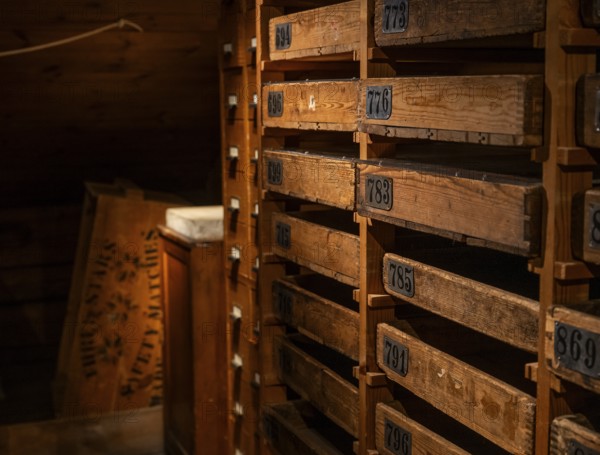 Old wooden cabinet with numbered drawers for storing match labels, Tändsticksmuseet matchstick museum or match museum, Jönköping, Jönköpings län, Sweden