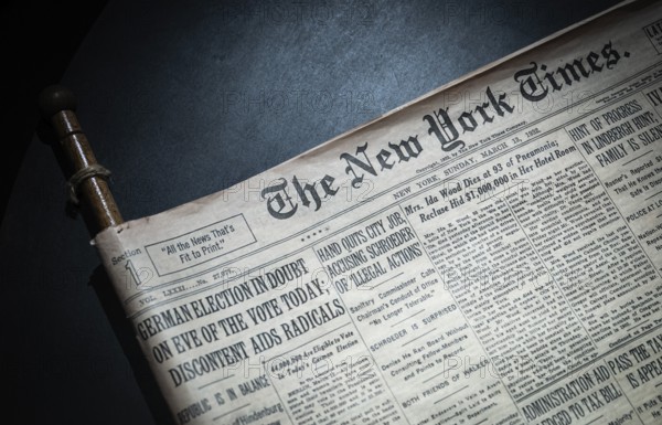 Front page of the New York Times from 1932, Tändsticksmuseet Match Museum or Match Museum, Jönköping, Jönköpings län, Sweden