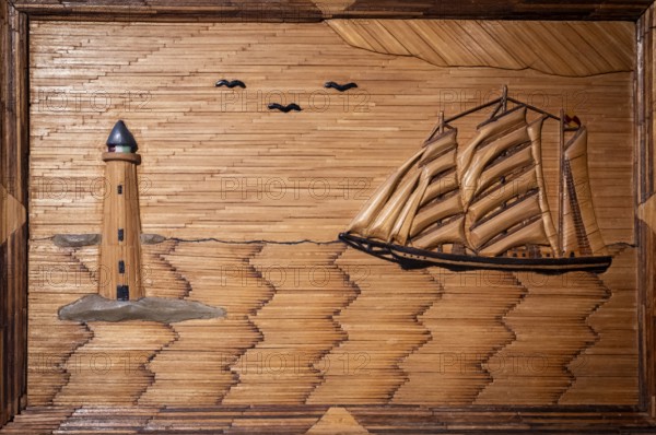 Lighthouse, sea and sailing ship, picture made of matches, Tändsticksmuseet matchstick museum or match museum, Jönköping, Jönköpings län, Sweden