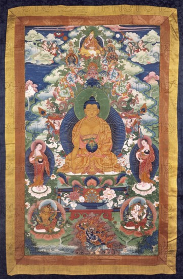 Der Medizin-Buddha (Bhai?ajyaguru) und Tsongkhapa (1357–1419). Temperamalerei eines tibetischen Malers. Medizin, Medizingeschichte, Gemälde, historisch