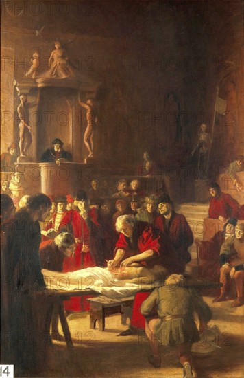 Mundinus 1275-1326 (Mondino dei Luzzi), italienischer Anatom und Arzt des Mittelalters. Bei seiner ersten Sektion im Anatomietheater von Bologna, 1318, 14.Jahrhundert Medizin, Medizingeschichte, Gemälde, historisch, Mittelalter