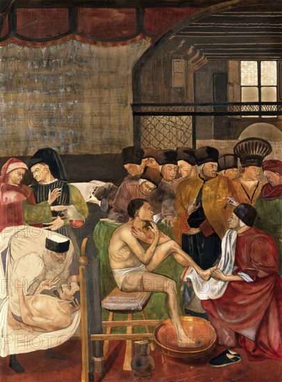 Krankenhaus Santa Maria della Scala in Siena, Ärzte und Chirurgen bei der Behandlung von Kranken, Gemälde von Domenico di Bartolo, ca. 1441–1442 Medizin, Medizingeschichte, Gemälde, historisch