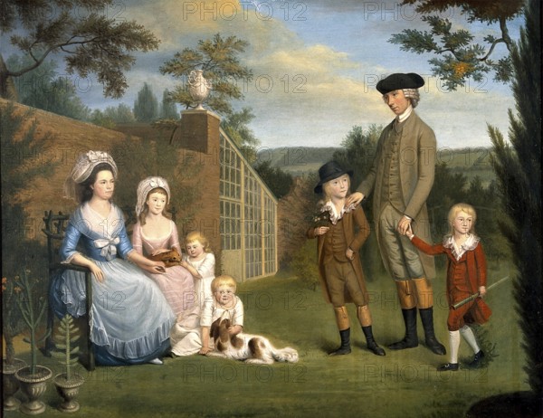 John Coakley Lettsom, englischer Arzt, Entomologe und Philanthrop, mit seiner Familie im Garten von Grove Hill, Camberwell, Datum 1786 Medizin, Medizingeschichte, Gemälde, historisch