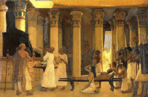 Ägypten, Menschen beten zu Imhotep, den ägyptischen Gott der Medizin und bitten um Heilung und Hilfe. Ölgemälde von Ernest Board, um 1910. Medizin, Medizingeschichte, Gemälde, historisch