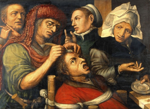 Operation, Chirurgie, Entfernung eines Steins im Kopf. Ölgemälde eines Schülers von Jan Sanders van Hemessen, ca. 1500 Medizin, Medizingeschichte, Gemälde, historisch