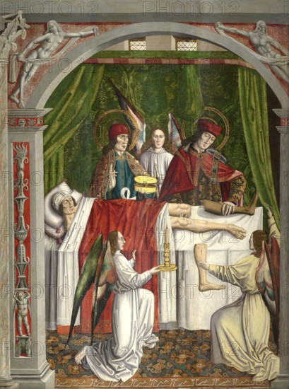 Chirurgie, Operation, Wunder. Die Heiligen Kosmas und Damian vollbringen eine wundersame Heilung durch die Transplantation eines Beines. Ölgemälde, ca. 1495, 15. Jahrhundert. Medizin, Medizingeschichte, Gemälde, historisch