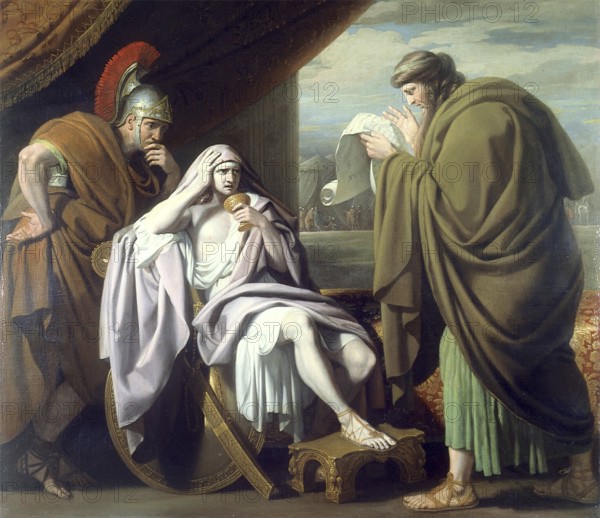 Alexander der Große demonstriert sein Vertrauen in seinen Leibarzt Philippos von Akarnanien, indem er einen von ihm zubereiteten medizinischen Trank trinkt, obwohl behauptet wird, es handele sich um Gift. Ölgemälde von Benjamin West, um 1771. Medizin, Medizingeschichte, Gemälde, historisch