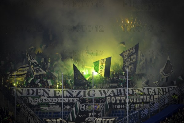 Fan block, fans, fan curve, flags, atmosphere, atmospheric Bengalo, pyrotechnics, pyro, fireworks, smoke, Borussia Mönchengladbach BMG PreZero Arena, Sinsheim, Baden-Württemberg, Germany