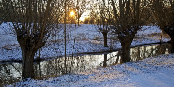 Sunrise over Lower Rhine landscape on the Aubruch Canal in winter, Moers, Wesel district, Lower Rhine, North Rhine-Westphalia, Germany
