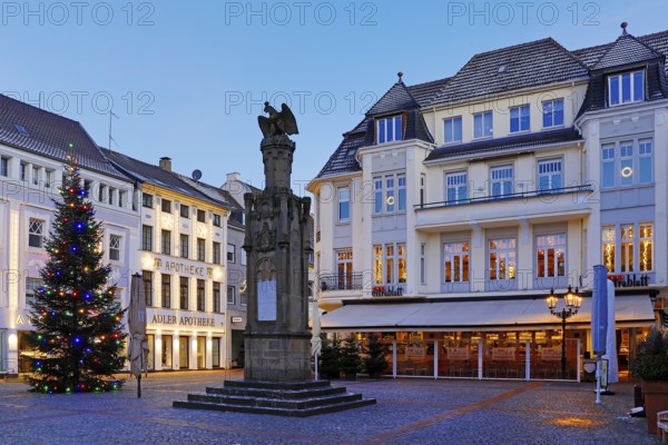 Christmas tree on the Altmarkt at dusk, Altstadt, Moers, Ruhr area, Lower Rhine, North Rhine-Westphalia, Germany
