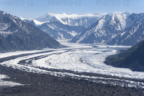 View of impressive mountain landscape with Matanuska glacier and glaciated mountain peaks, Lion's Head, Chugach Mountains, Alaska, USA