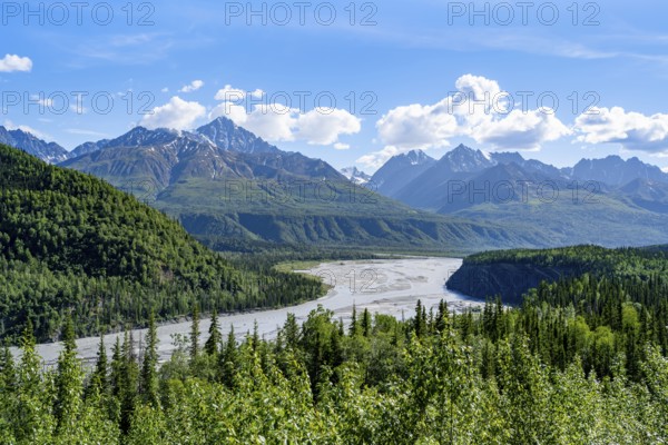 View of impressive mountain landscape with Matanuska River, Lion's Head, Chugach Mountains, Alaska, USA