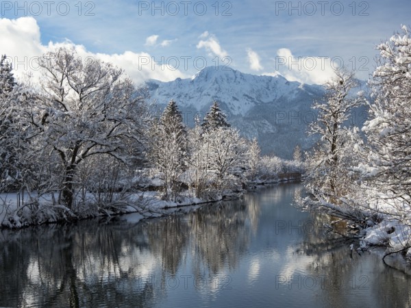 Winter landscape, Loisach with Herzogstand in winter, Alps, Upper Bavaria, Germany/Loisach river with Herzogstand mountain in winter, Alps, Upper Bavaria, Germany