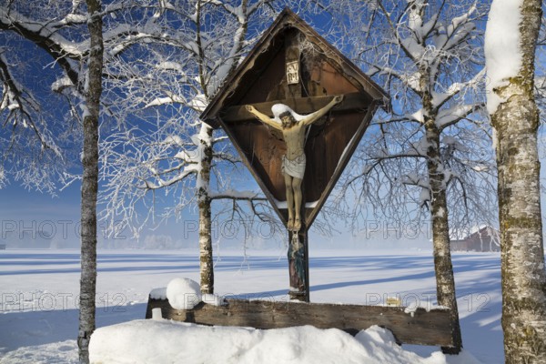 Wegkreuz in winter, snow, Upper Bavaria, Germany
