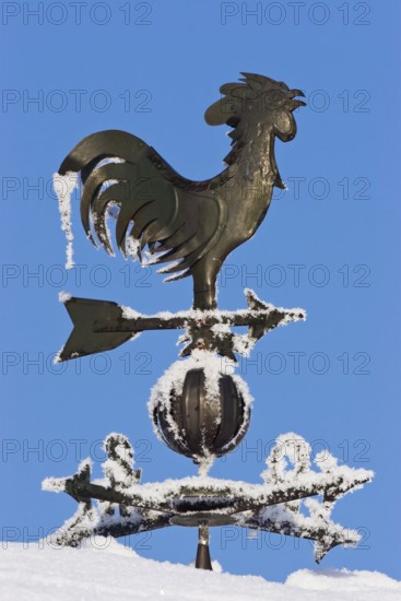Weather vane with wind rose in snow in winter, hoarfrost, Bavaria, Germany