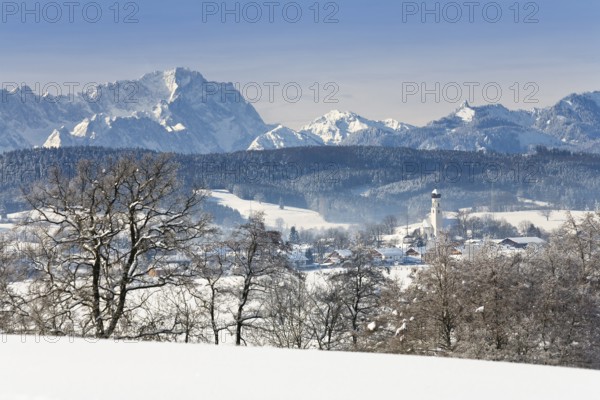 Winter landscape with Zugspitze, Antdorf, Upper Bavaria, Germany