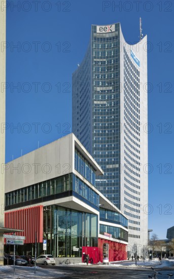 Canteen, City-Hochhaus, Alma Mater Lipsiensis University in winter with snow, Leipzig, Saxony, Germany