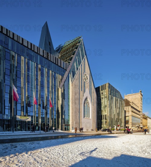 University of Leipzig, lecture hall building and Paulinum on Augustusplatz in winter with snow, Leipzig, Saxony, Germany