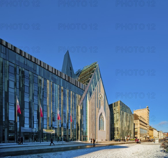 University of Leipzig, lecture hall building and Paulinum on Augustusplatz in winter with snow, Leipzig, Saxony, Germany