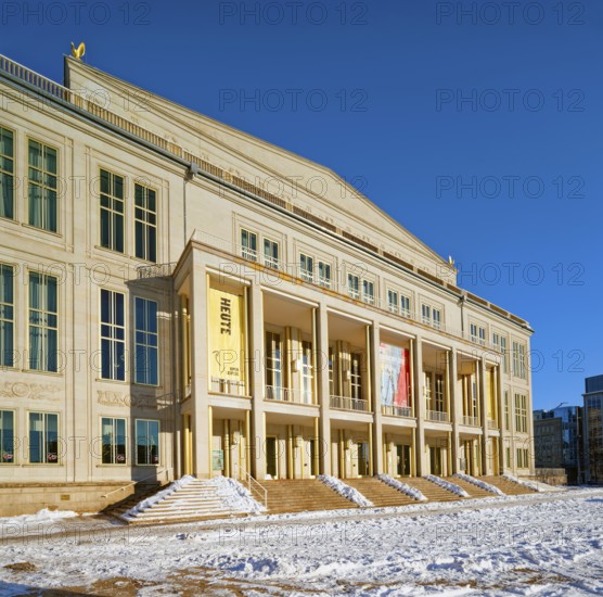 Leipzig Opera on Augustusplatz, opera house in winter with snow, Leipzig, Saxony, Germany