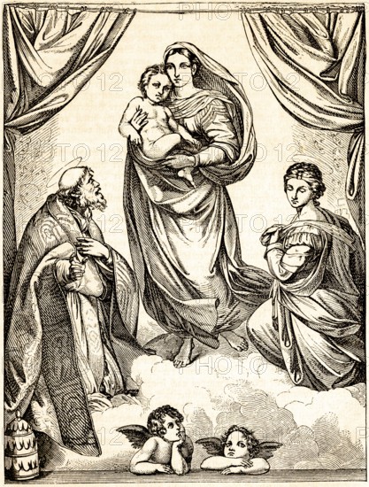 Sistine Madonna, after Raphael (1483-1520), Raffaello Sanzio da Urbino, important painter of the High Renaissance, Pope Sixtus II, St Barbara, curtain, religious motif, two angels, putti figures, Florence, Rome, Italy, historical illustration 1869