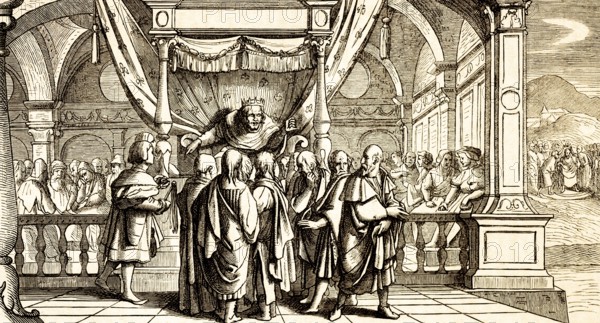 Jeroboam I, first king of the kingdom of Judah (probably 926 to 907 BC) Israel, palace, throne, anger, men, woman, town hall Basel, Switzerland, historical illustration 1869