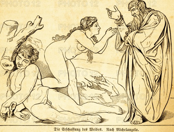 The Creation of Eve, after Michelangelo, Buonarroti (1475-1564) Italian painter of the High Renaissance, Bible, Creation story, Genesis 2, God, Adam, Eve, Sistine Chapel, Apostolic Palace, Rome, famous painting, Vatican, historical illustration 1869