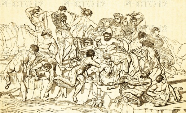 Fragment of the Battle of Ciscana, between Pisan and Florentine troops in 1364, after Michelangelo's student Aristotle da Sangallo, Victory of the Florentines, Pisa, Florence, shore, fight, kill, drown, nudity, sticks, Tuscany, Italy, historical illustration 1869