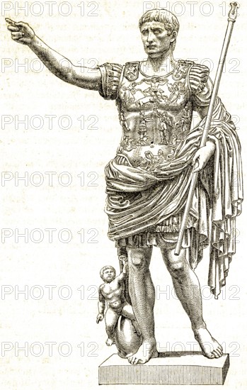 Statue of Emperor Augustus (63 BC, 14 AD) politician, autocrat, Roman Empire, breastplate, cloak, Rome, Italy, historical illustration 1869