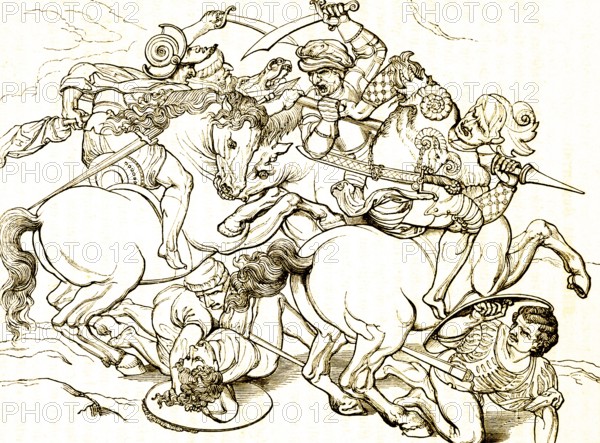 Group of horsemen, after Leonardo da Vinci (1452-1519), polymath and painter, battle, fighter, sword, shield, rage, death, Italy, historical illustration 1869