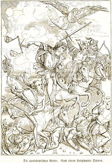 The Apocalyptic Horsemen, Bible, Revelation of John, Messengers of the Apocalypse, Last Judgment, Sword, Bow and Arrow, Weapons, Wild Ride, Killing, Symbolism, Famine, Struggle, Angel in Heaven, after a woodcut by Albrecht Dürer, historical illustration 1869