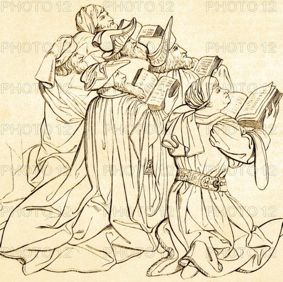 Group of prophets, Ghent altarpiece, Christianity, religion, kneeling, Bible, looking to heaven, piety, Ghent, Belgium, historical illustration 1869