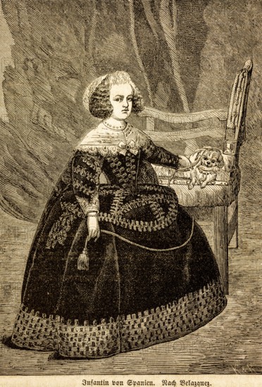 Portrait of the eight-year-old Infanta Margarita Teresa, Infanta of Spain after Diego Velázquez (1599-1660) Baroque painter, court painter at the royal court in Madrid, portrait painter's precious dress, brooch, first glance, chair with dog, Kunsthistorisches Museum Vienna, historical illustration 1869
